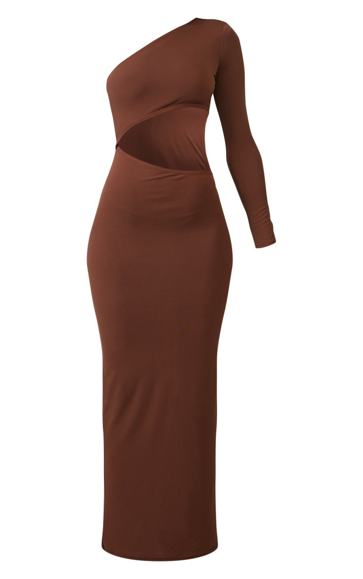 Chocolate Slinky One Shoulder Cut Out Midaxi Dress | PrettyLittleThing UK