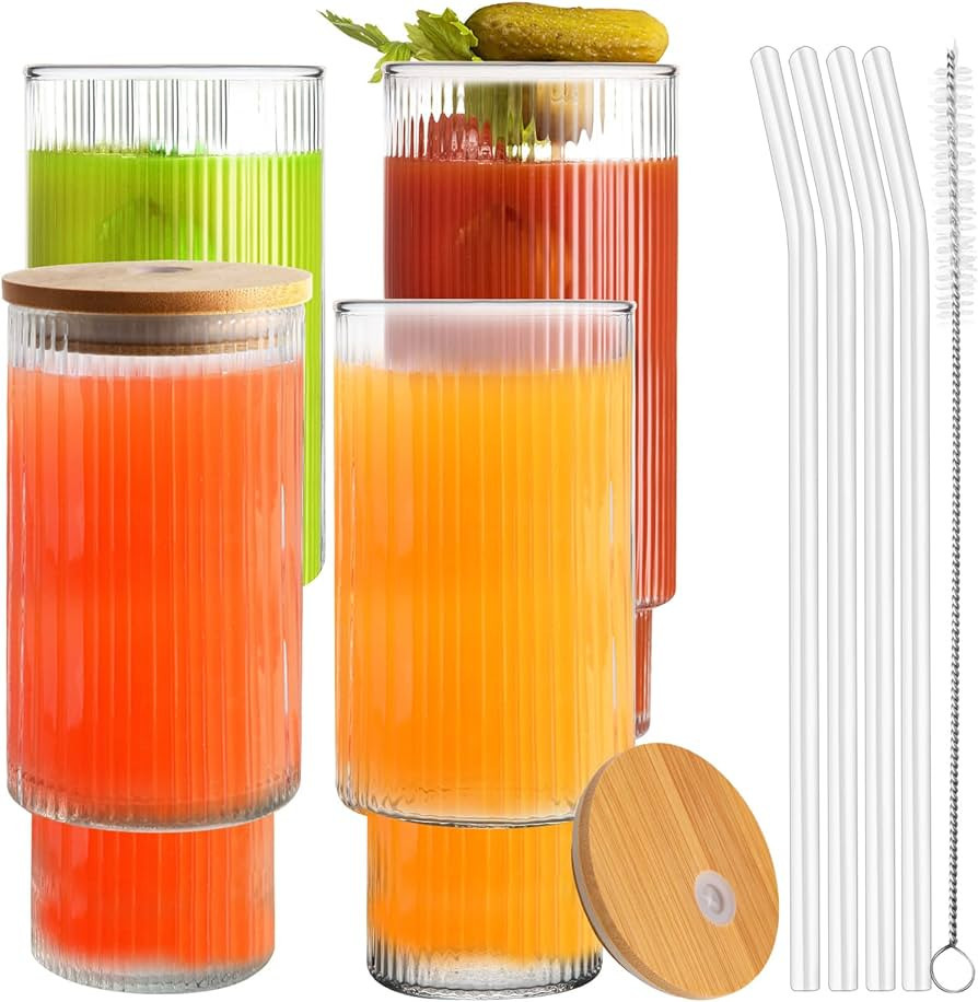 Vozoka Ribbed Glasses, 16 Oz Vintage Drinking Glasses with Lids and Straws Set of 4, Clear Fluted... | Amazon (US)