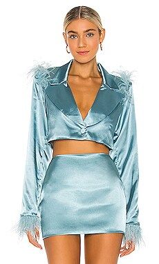 DANIELLE GUIZIO Feathered Double Breasted Cropped Blazer in Sea Foam from Revolve.com | Revolve Clothing (Global)