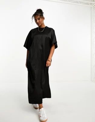 ASOS DESIGN Curve satin oversized midi tshirt dress in black | ASOS | ASOS (Global)