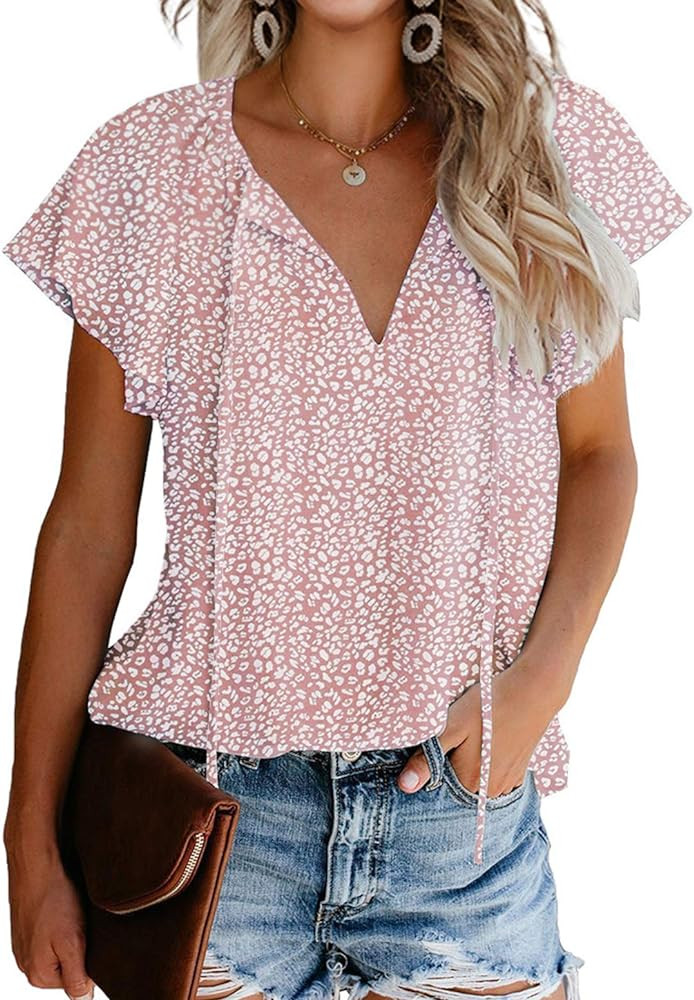 Mansy Women's Casual Floral Print V Neck Ruffle Short Sleeve Summer Shirts Tops Loose Blouses | Amazon (US)