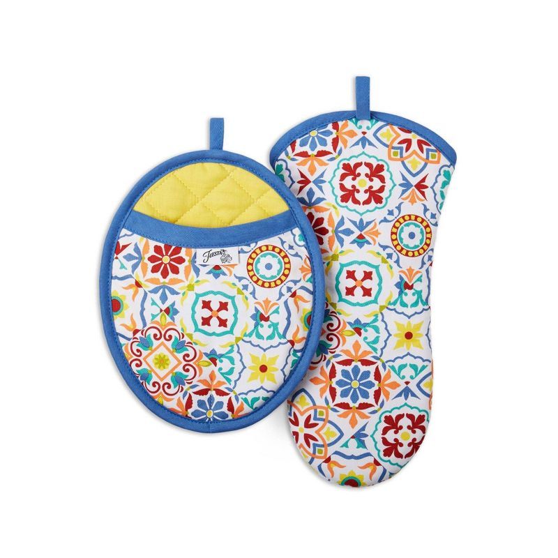 2pc Cotton Worn Tiles Pot Holder and Oven Mitt Set Orange/Blue - Fiesta | Target