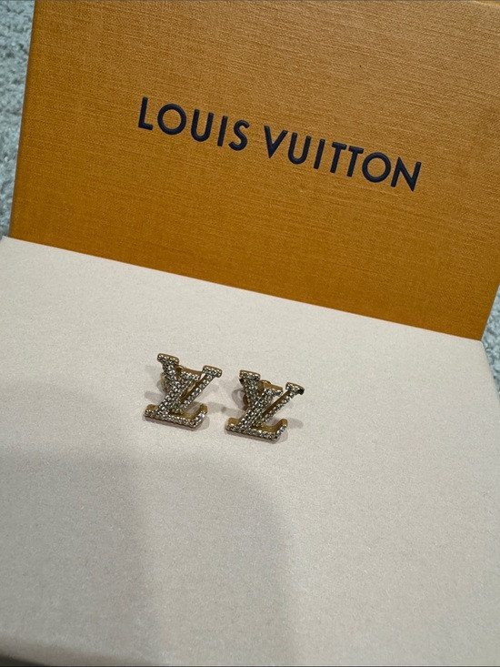 Louis Vuitton Crystal-Embellished Gold LV Logo Stud Earrings | Poshmark