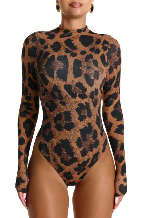 Naked Wardrobe Naked Snakeskin Print Long Sleeve Bodysuit in Leopard at Nordstrom, Size Large | Nordstrom