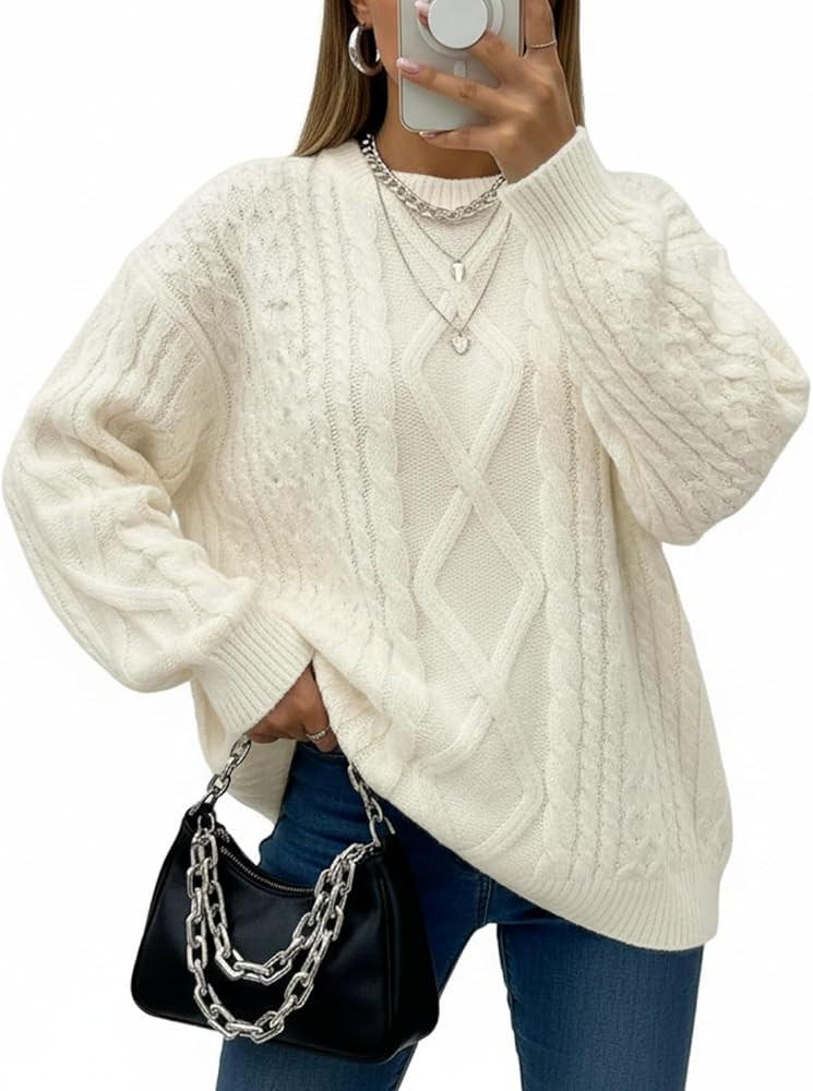 Women Oversized Sweater Cable Knit Chunky Pullover Long Sleeve Crew Neck Outfit Winter Knitwear L... | Amazon (US)