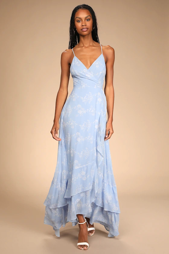 In Love Forever Light Blue Floral Lace-Up High-Low Maxi Dress | Lulus (US)