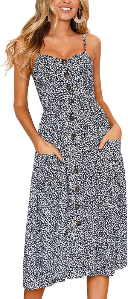 Angashion Women's Dresses-Summer Floral Bohemian Spaghetti Strap Button Down Swing Midi Dress | Amazon (CA)