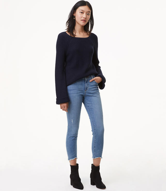 Petite Modern Skinny Chewed Hem Jeans in Bright Mid Indigo Wash | LOFT