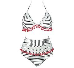 COCOSHIP Women's Mesh Striped High Waist Bikini Set Tassel Trim Top Halter Straps Swimsuit(FBA) | Amazon (US)