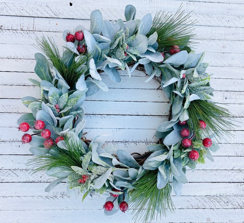 Lambs Ear Christmas Wreath With Evergreens and Red Berries - Etsy | Etsy (US)