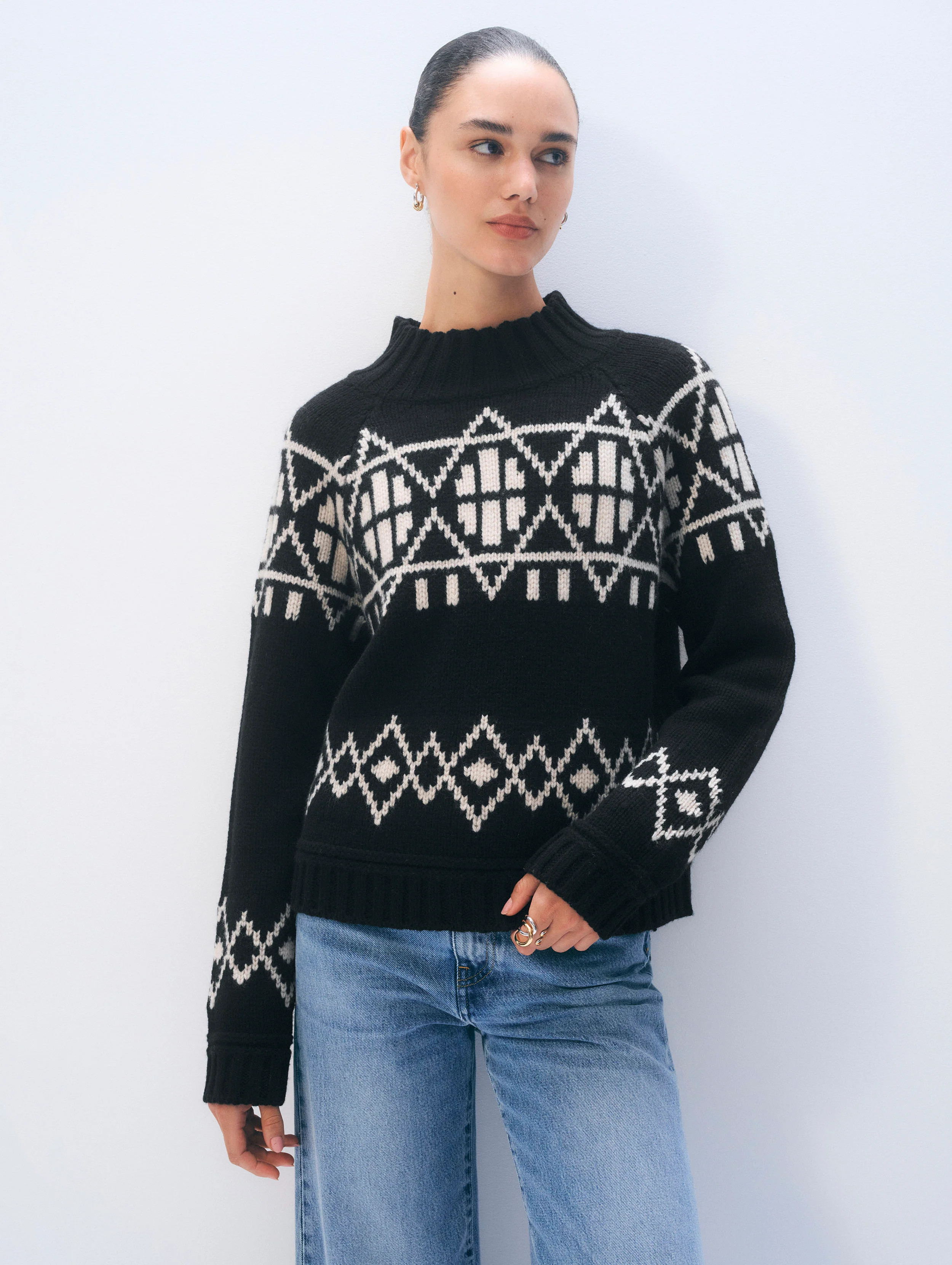 White & Warren Merino Fair Isle Standneck Sweater in Black size XS | White and Warren
