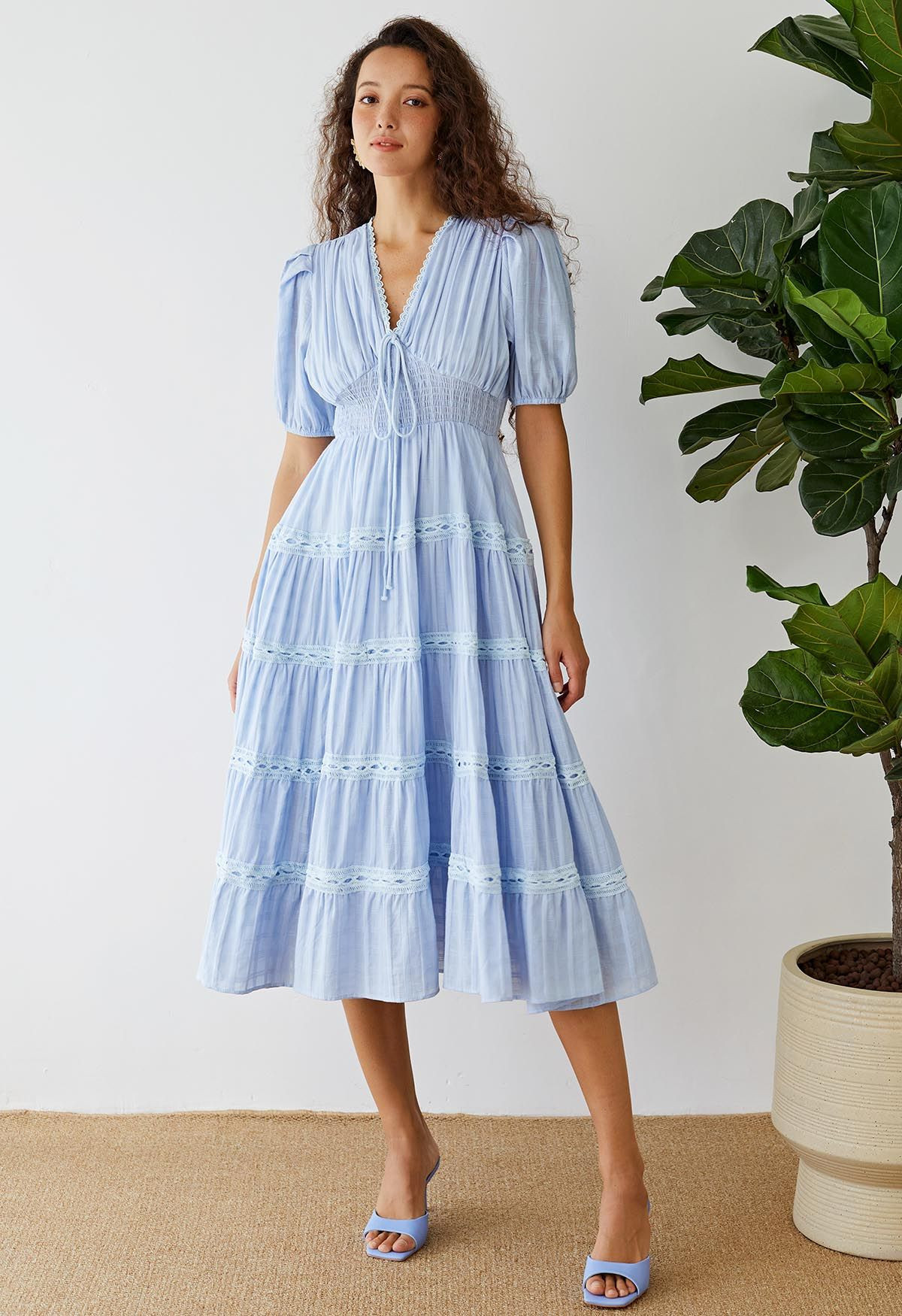 Scalloped V-Neck Checked Midi Dress in Blue | Chicwish