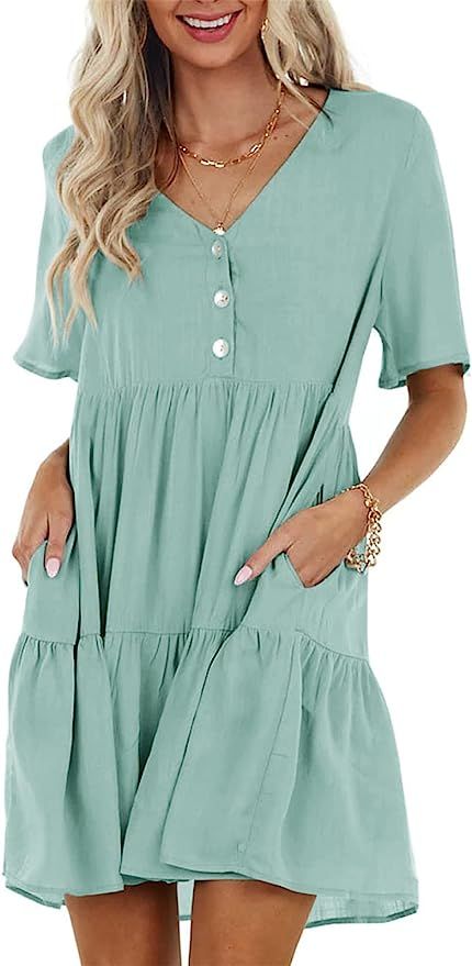 Rilista Womens Summer Dresses Button V Neck Short Sleeve Casual Ruffle Hem Flowy Swing Mini Dress | Amazon (US)