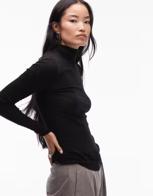 ARKET merino wool knitted semi sheer turtle neck top in black | ASOS (Global)