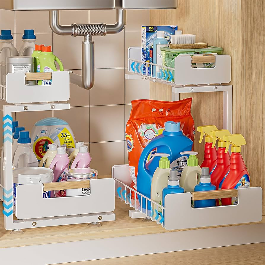 Delamu Under Sink Organizer Kitchen, 2-Tier Pull-Out Cabinet Shelf, 2-Pack     2-Tier Smooth Slid... | Amazon (US)