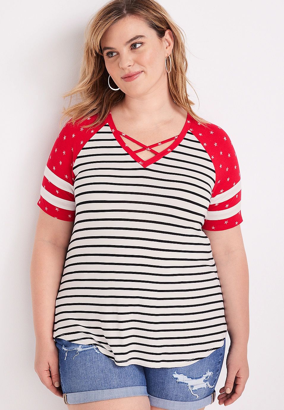 Plus Size Stars Striped Short Sleeve Baseball Tee | Maurices