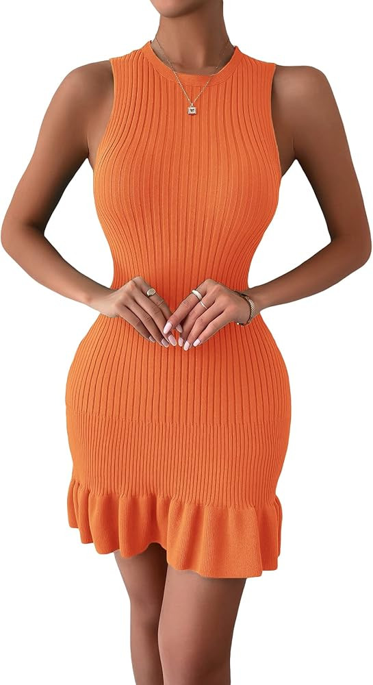 SOLY HUX Women's Sexy Sleeveless Bodycon Dress Ruffle Hem Ribbed Knit Sweater Slim Fit Ruched Str... | Amazon (US)