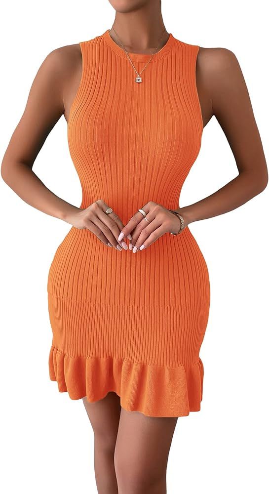 SOLY HUX Women's Sexy Sleeveless Bodycon Dress Ruffle Hem Ribbed Knit Sweater Slim Fit Ruched Str... | Amazon (US)
