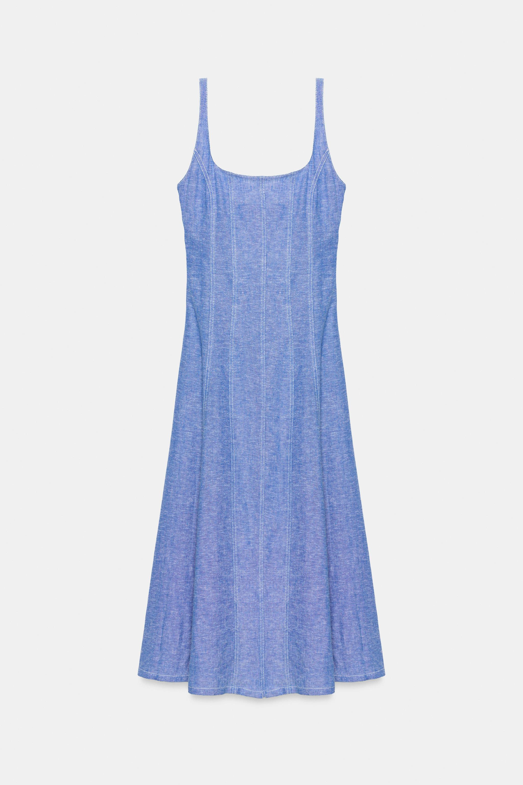 Dress made of linen. Round neckline and wide straps with lace trim. Side hidden in-seam zip closu... | Zara US