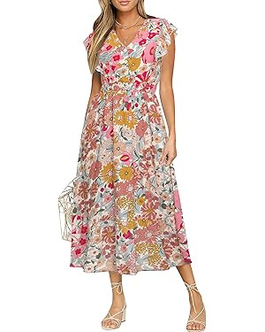 BerryGo Summer Floral Maxi Dress - Womens Casual Boho V Neck Ruffle Short Sleeve Beach Long Dress... | Amazon (US)