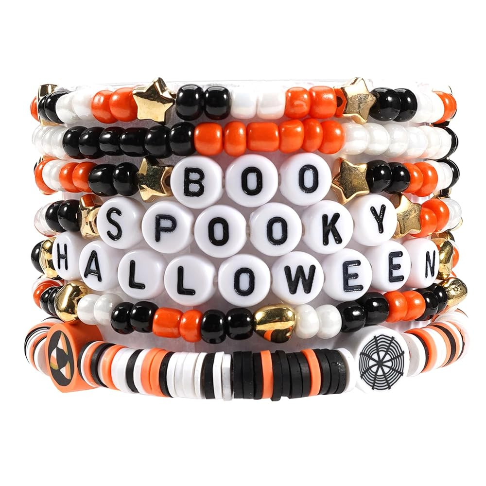 Halloween Bracelets for Women Boo Pumpkin Skull Ghosts Stretchy Beaded Bracelets Spooky Skeleton ... | Amazon (US)