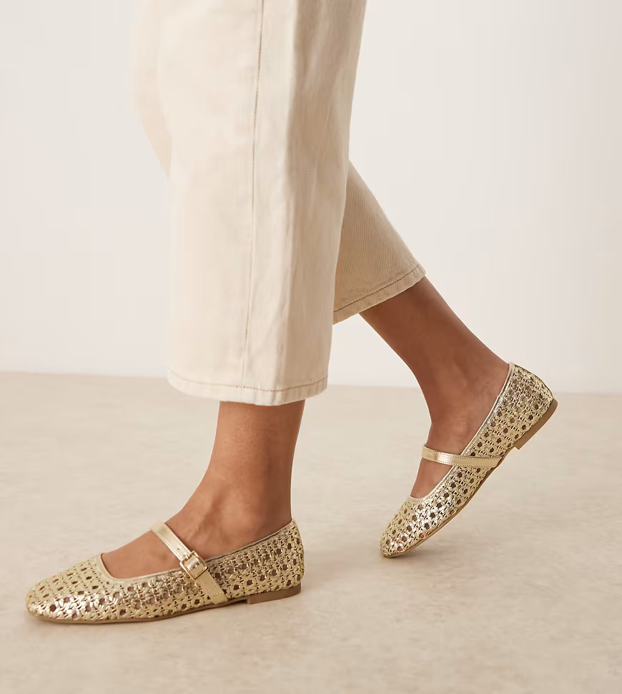 ASOS DESIGN Wide Fit Lottie mary jane ballet flats in gold weave | ASOS (Global)