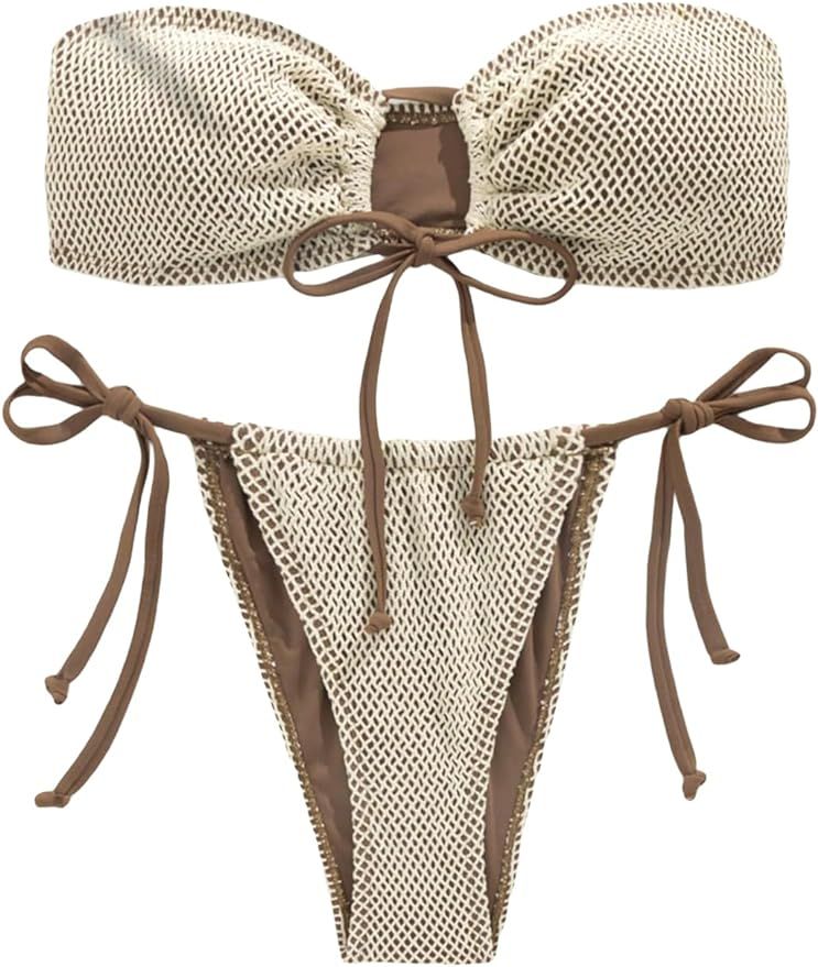 SHENHE Women's Bandeau Bikini Set 2 Piece Drawstring Strapless Tie Side Swimsuit | Amazon (US)