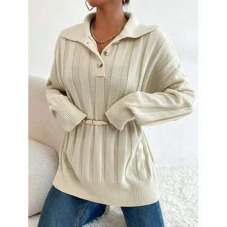 Beige Button Half Placket Drop Shoulder Sweater Without Belt | Walmart (US)