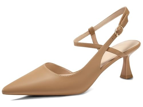 Lnsshee Womens Low Kitten Heel Closed Pointed Toe Slingback Pumps Heels Slip On Heeled Sandals Dress Shoes, Light Camel, Size 9.5 | Amazon (US)