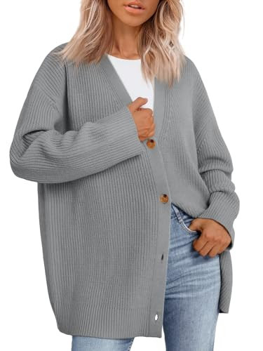 LILLUSORY Women Oversized Cardigan Sweater Fall Outfits Cloth Fashion V Neck Knit Button Front Casual Trendy Tops Light Grey X-Small | Amazon (US)