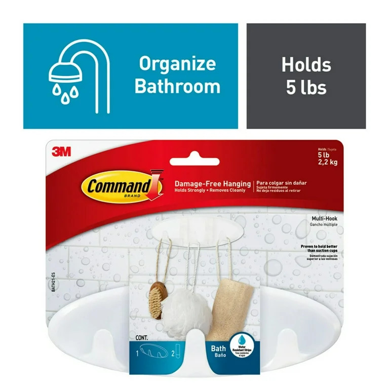 Command Bath Multi-Hook, 1 Wall Multi-hook, 2 Large Water Resistant Strips, Bathroom Organization | Walmart (US)