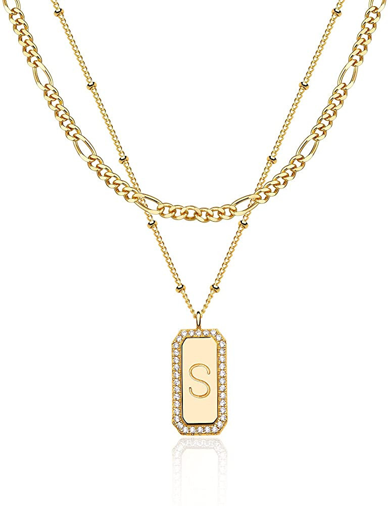 TONTMY STUDIOS Necklace for Women Gold Figaro Chain Choker Layered Set Initial Bar Rectangle Pend... | Amazon (US)