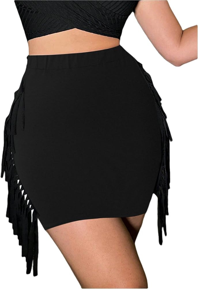 SOFIA'S CHOICE Women's Fringe Trim Wrap Skirt High Waisted Bodycon Mini Skirt | Amazon (US)