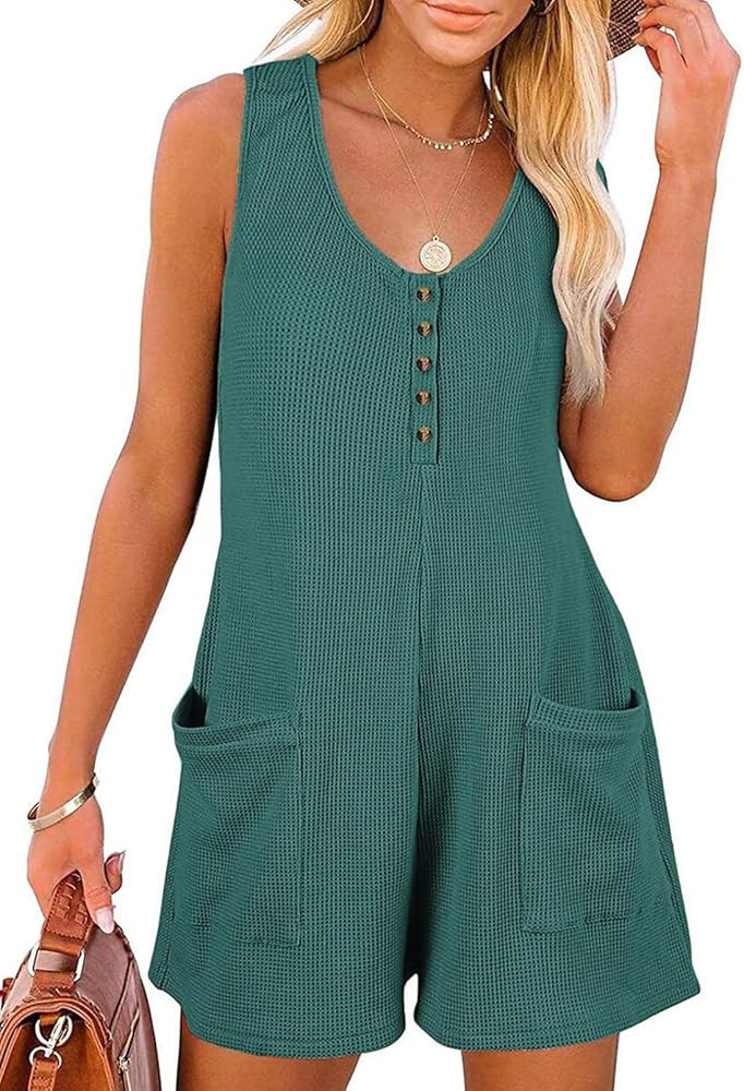 AlvaQ Womens Short Jumpsuits Solid Color Summer Casual Waffle Button Front Sleeveless Rompers wit... | Amazon (US)