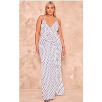 Plus White Polka Dot Satin Rose Detail Maxi Dress | PrettyLittleThing US