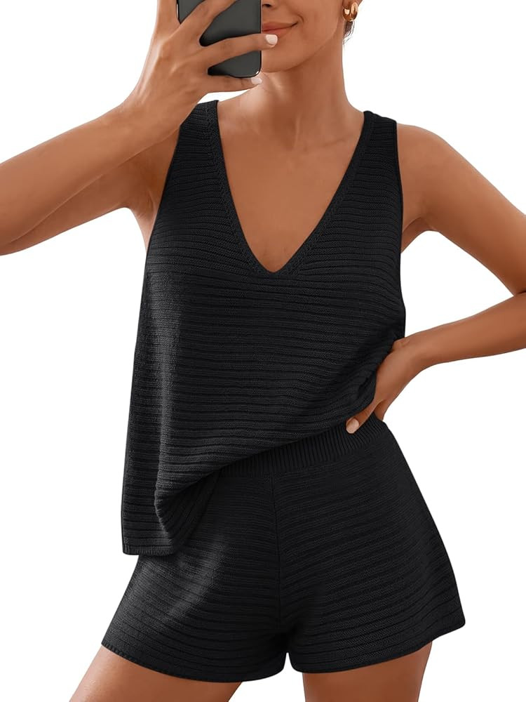 LILLUSORY Women's Summer 2 Piece Vacation Short Sets Matching V Neck Cute Beach Outfits 2026 Loun... | Amazon (US)