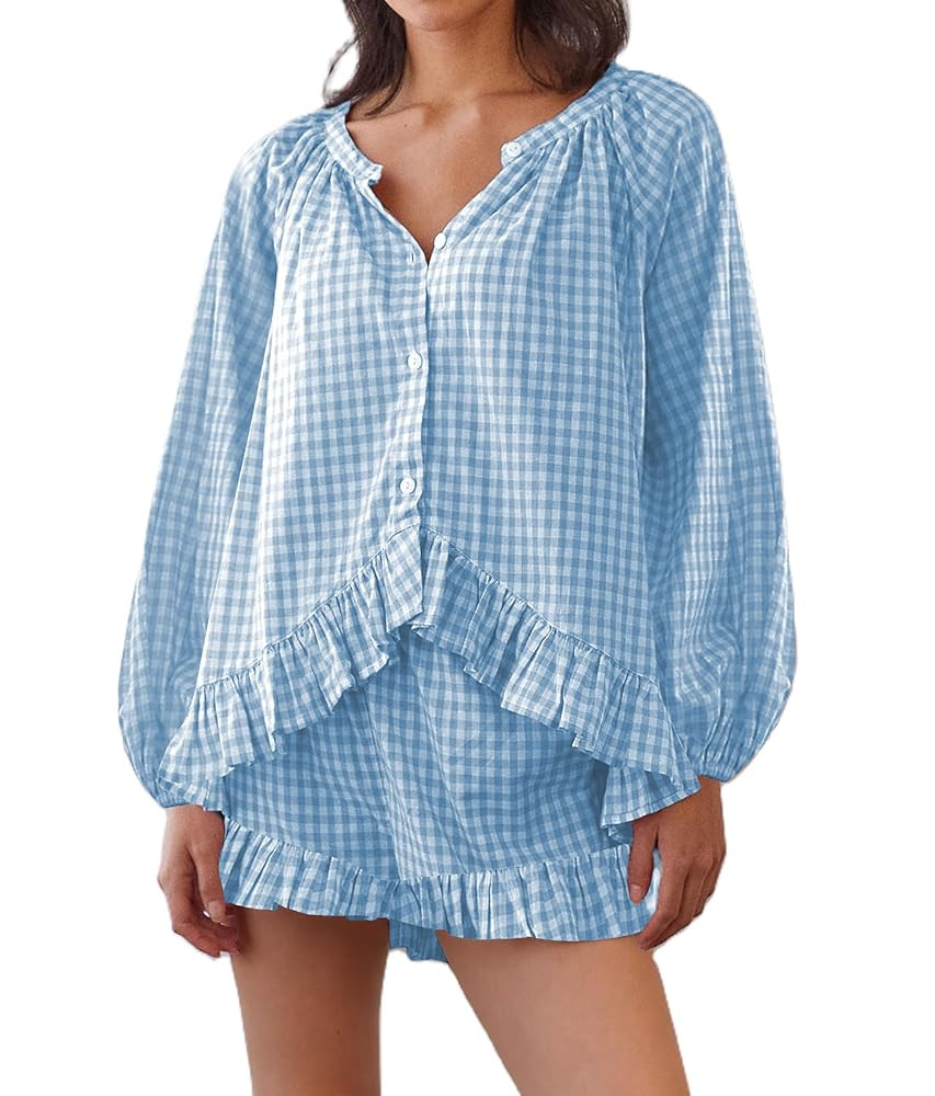 Women Y2K Plaid Pajama Sets Short Sleeve Ruffle Babydoll Shirt Elastic Waist Shorts Cute Gingham ... | Amazon (US)