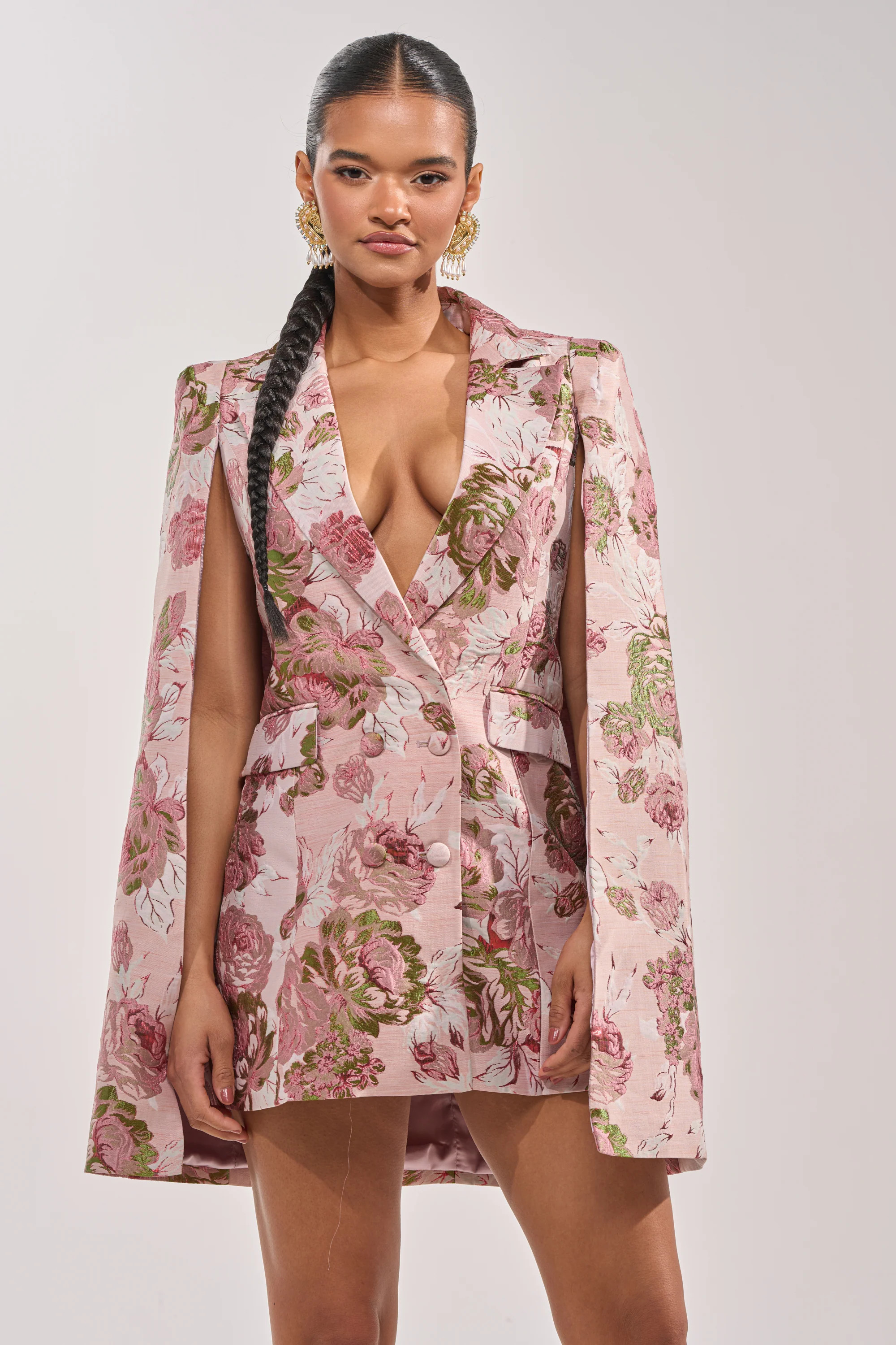 IMANI BROCADE CAPE SLEEVE BLAZER DRESS IN PINK | AKIRA