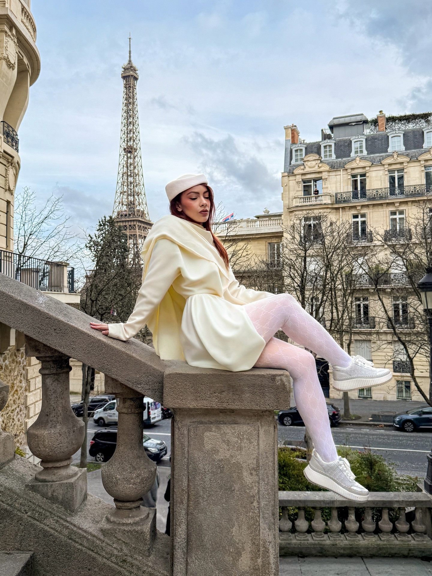 Crème de la crème🦙🍨🦢🥥🕊️ in this all cream white outfit in Paris. The look: Zara Blazer Dress wrapped in Amazon shawl cape paired with fleece lined tights under Gucci lace tights, Target sneakers for comfort topped with a sailor french baret hat

#LTKootd #LTKPetite