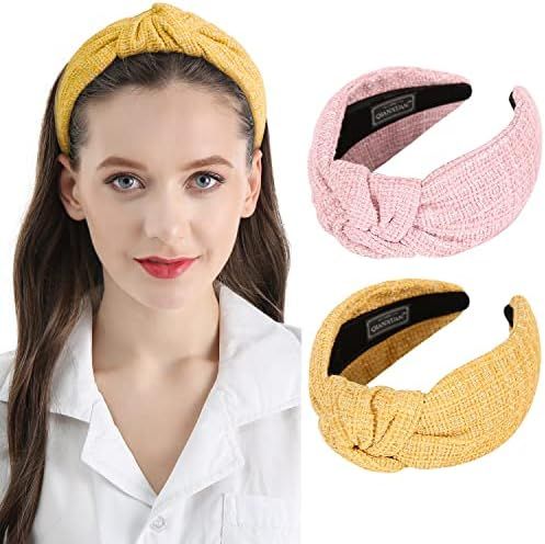 QIANXUAN Knotted Turban Headbands For Women Knit Hair Bands For Women's Hair Top Knot Headband Plaid | Amazon (US)