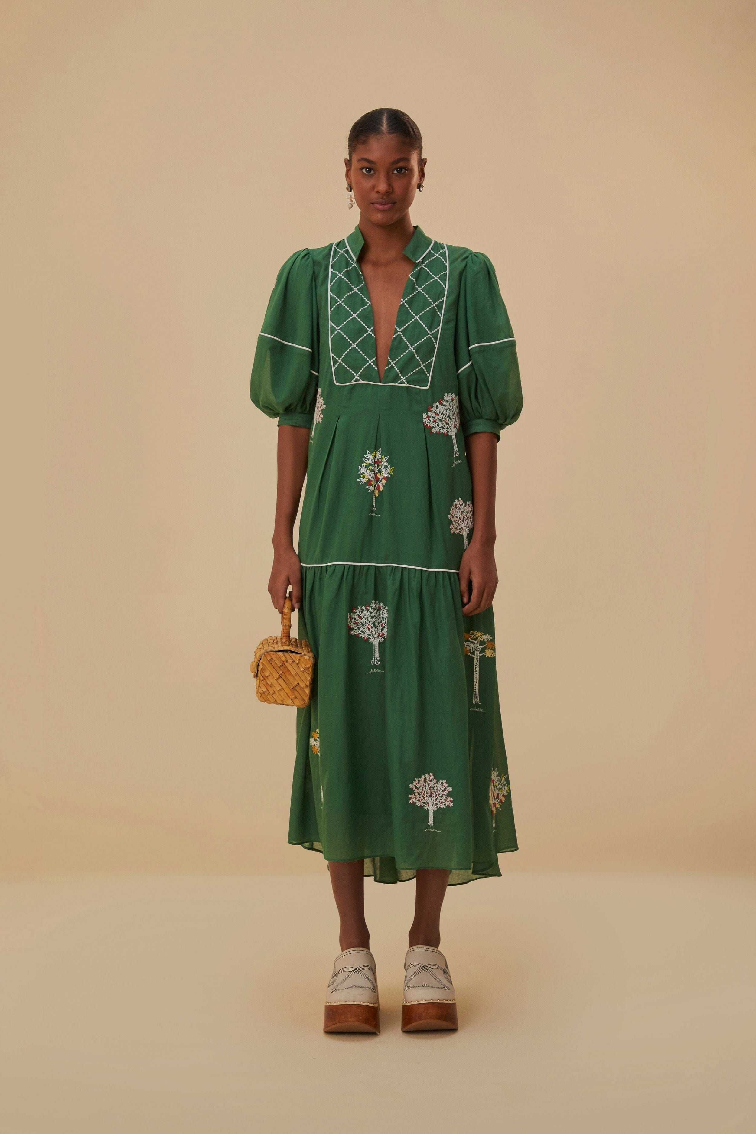 Green Embroidered Trees Organic Cotton Midi Dress | FarmRio