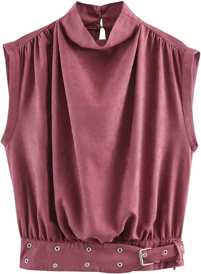 Chevara Women’s Faux Suede Buckle Top Trendy High Neck Sleeveless Vest Ruched Shoulder Crop Sum... | Amazon (US)