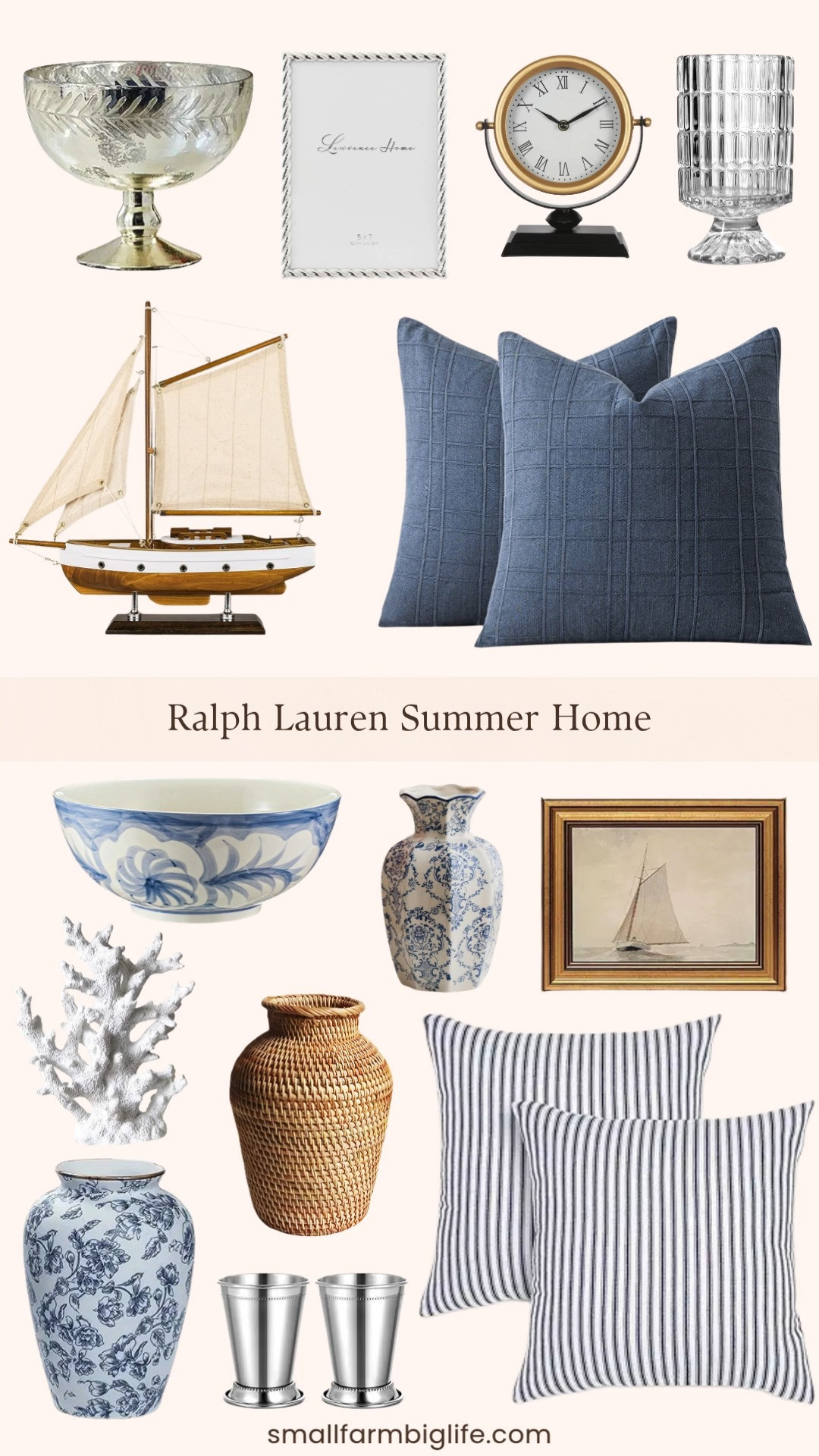More blue and white coastal preppy home favorites and this round up is just as good as the last one. The chinoiserie vases and floral bowl are so beautiful styled together on a console table or bookshelf, and the gold framed seaview painting and wooden sailboat decor add that classic nautical touch that is so signature to the Ralph Lauren summer aesthetic. The denim blue linen check and navy ticking stripe throw pillows are perfect for layering on a sofa or bed, and the silver mint julep cups, mercury glass pedestal bowl, and etched glass vase are the kind of elegant accent pieces that make a room feel so curated and intentional. The small rattan vase and white artificial coral add just the right organic contrast to all the blue and white. Tap to shop! 

 #LTKSeasonal #LTKHome
