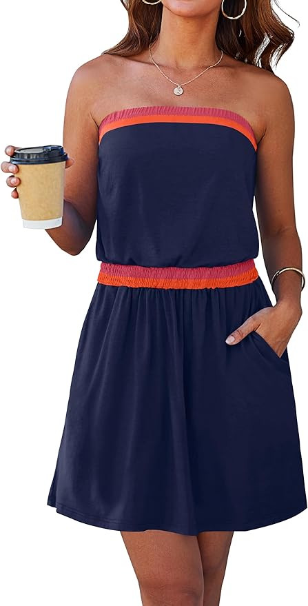 SAUKOLE Summer Dresses for Women Bandeau Strapless Smocked Elastic Waist Sundress Tube Mini Dress... | Amazon (US)