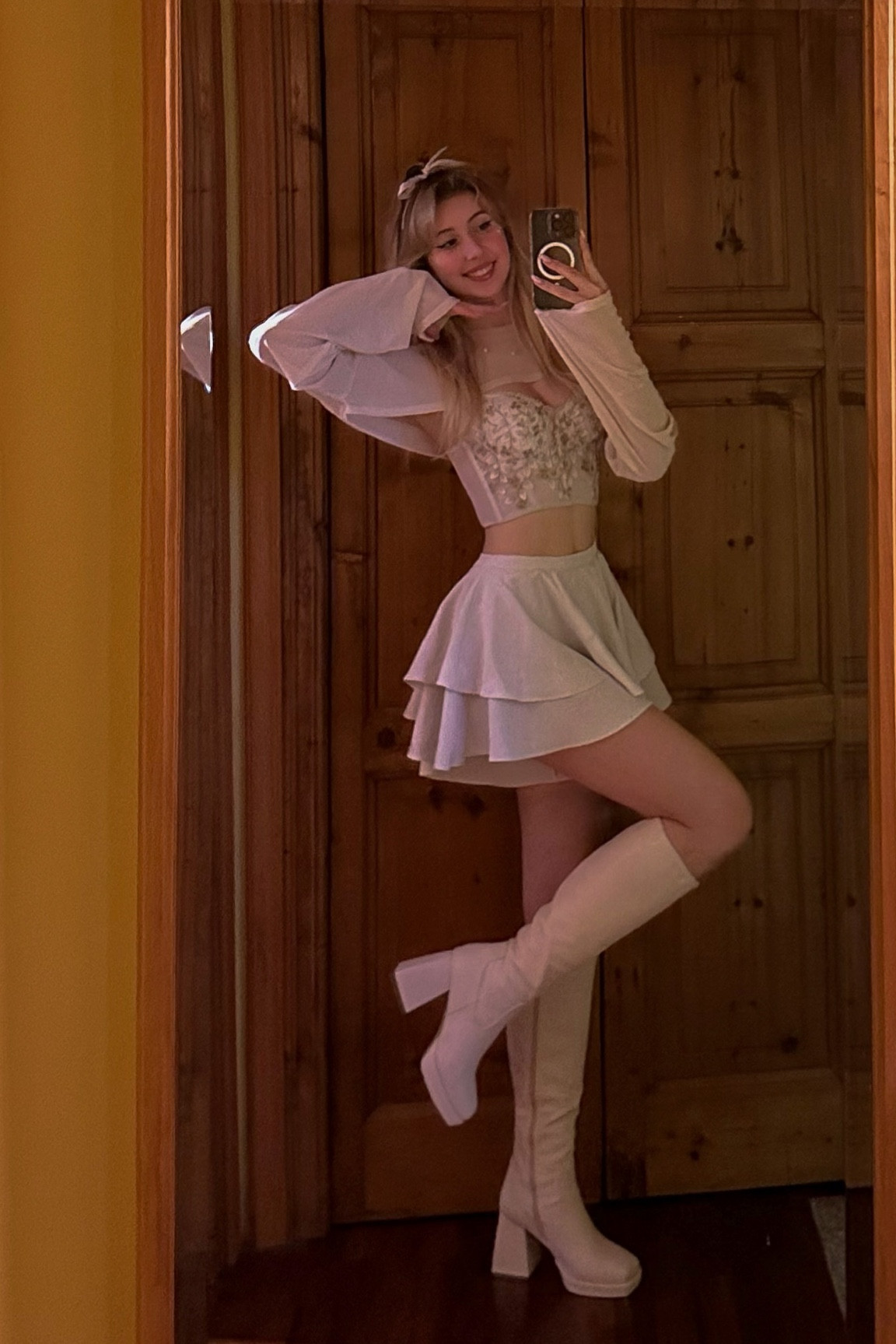 coachella outfit inspiration, white flower buster crop top, cropped sweater, white platform boots, white hair ribbon 

#LTKstyletip #LTKSeasonal #LTKFind