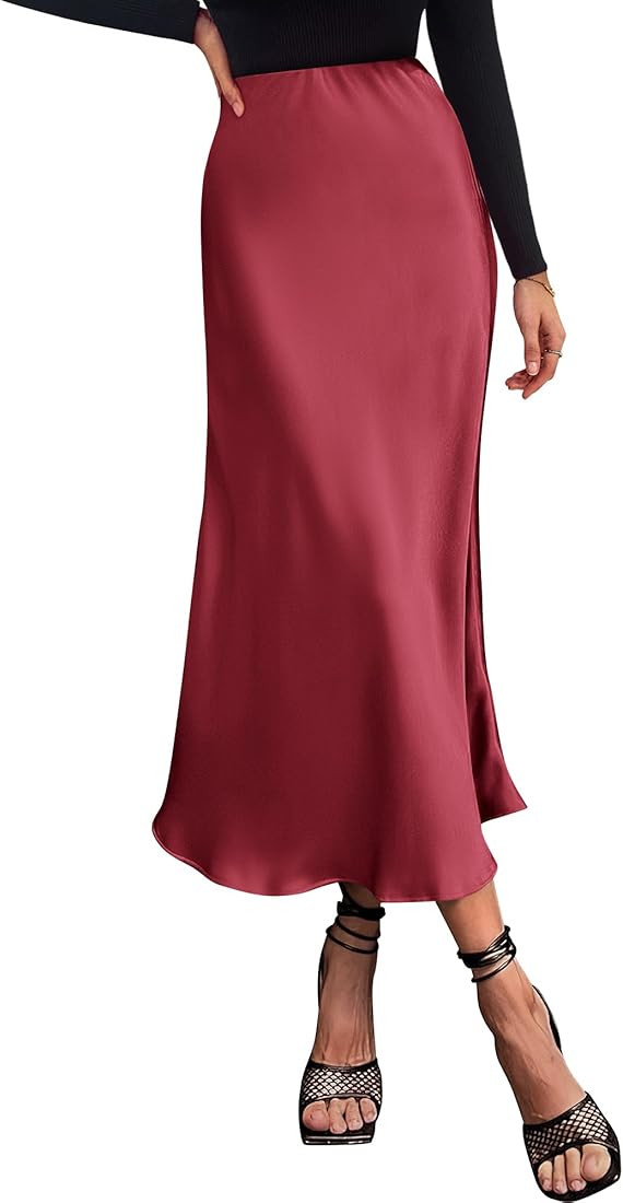 BTFBM 2025 Women Long Satin Summer Fall Skirt Silk Elegant High Waist Cocktail Party Wedding Flar... | Amazon (US)