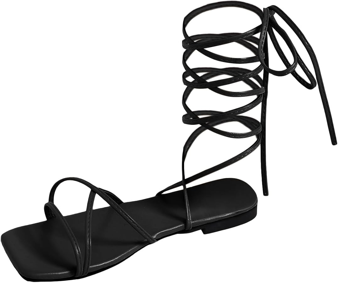 GORGLITTER Women's Lace Up Sandals Criss Cross Strappy Sandals Tie Up Open Toe Flat Sandals | Amazon (US)