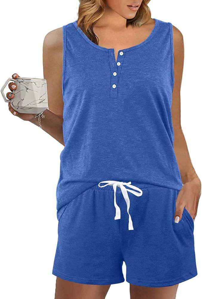 Dofaoo Two Piece Outfits for Women Button Henley Tank Short Set with Pockets | Amazon (US)