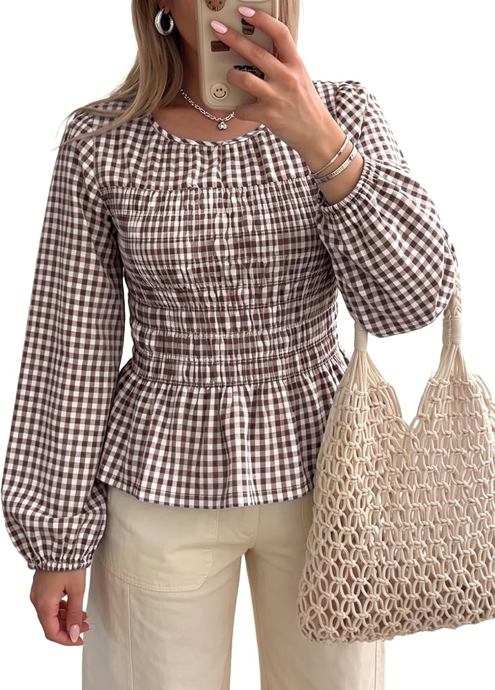 Watashi Women Gingham Smocked Peplum Top Long Sleeve Blouse | Amazon (US)