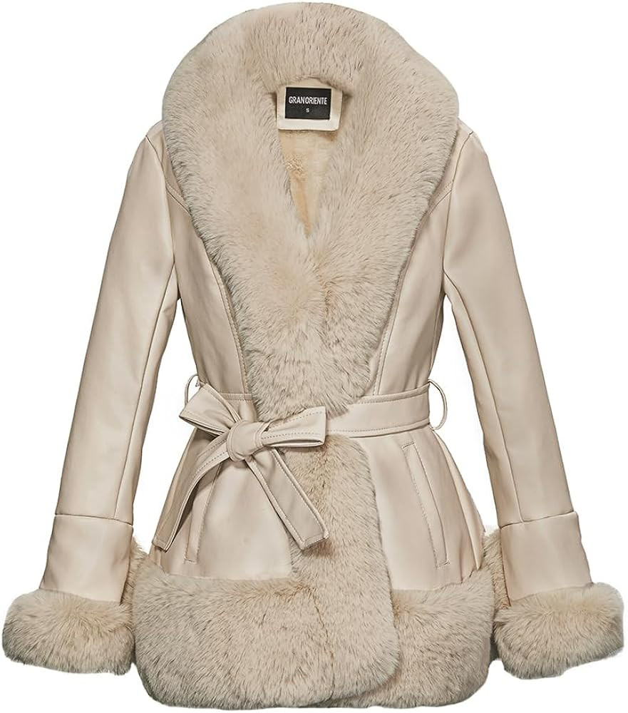 GRAN ORIENTE Women's Faux Leather Jacket with Faux Fur Collar, Winter Long Sleeve Furry Trim Pepl... | Amazon (US)